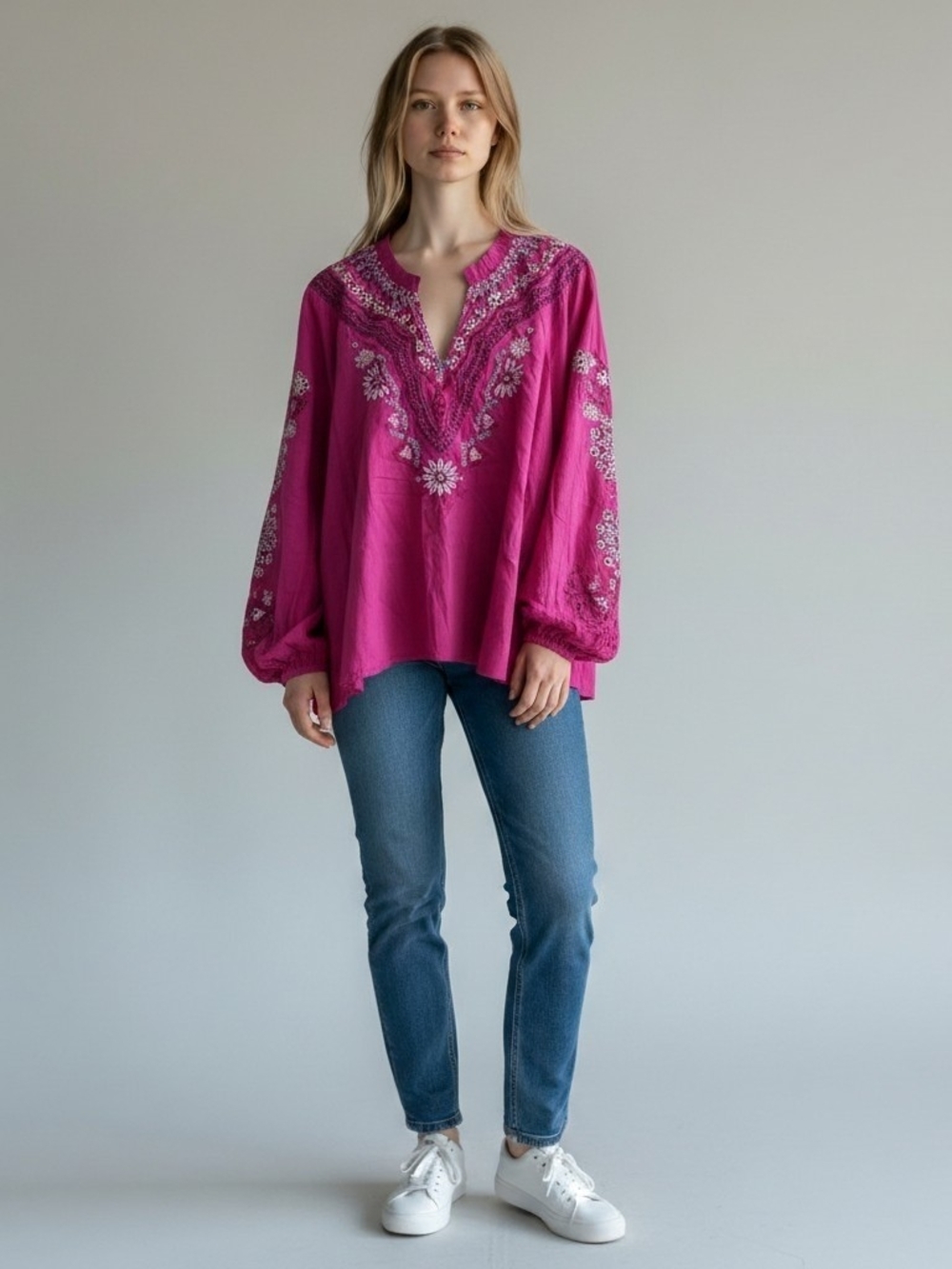 Soft Surroundings Fuchsia Embroidered V-Neck Tunic - Picture 3 of 12